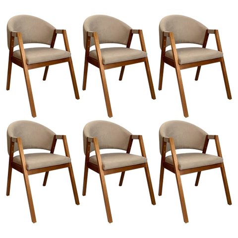 Kit 6 Cadeiras de Jantar Madeira Maciça Amêndoa Ravena Estofada Suede Bege Ccs