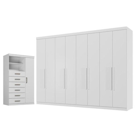 Guarda Roupa Casal Master New 8 Portas de Bater 4 Gavetas MDP Branco Brilho com Cômoda 1 Porta 6