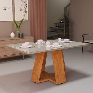 Mesa de Jantar Pérola 6 Lugares Mdf Off White Tampo Vidro Retangular Design Sofisticado