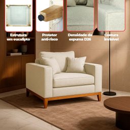 Poltrona Sofa Benny Linho Bege com Almofada Base de Madeira Castanho - Arkell - 3