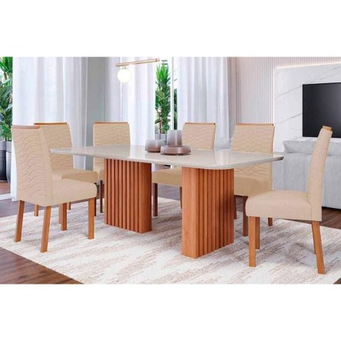 Conjunto: Mesa Sala Jantar Ester Tampo Madeirado C/ Vidro 180x90cm e 6 Cadeiras Clarice Cinamomo/off