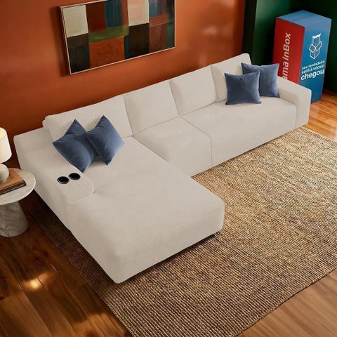 Sofá Evo 3,40m Molas Ensacadas com Chaise Lounge Esquerda Velourê Bege Cama Inbox