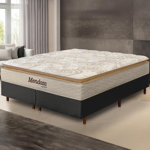Cama Box Preta + Colchão King Size Mendoza Molas Ensacadas Pillow Top 193x203x71cm - Extra Macio