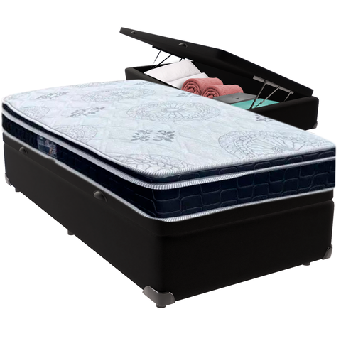 Cama Box Baú Preto e Colchão Orthosono D33 com Pillow Top Solteiro Anjos