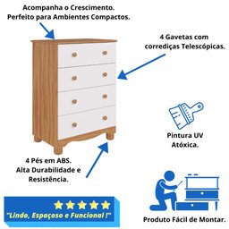 Quarto Bebê Completo Guarda Roupa Uli 2 Portas C/ Prateleiras Gaveteiro 4 Gavetas 100% Mdf - 4
