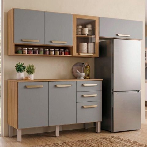 Cozinha Completa Athenas 7 Portas 2 Gavetas MDF-MDP 110cm Cinza com Cinamomo Mobilihouse