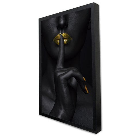 Quadro Decorativo Caixa Mulher Silêncio Dourado Tacolado Moldura Caixa 3cm Preta com Vidro 80 X 120c