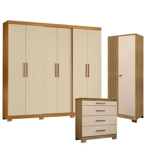 Guarda Roupa Casal San Diego com Cômoda 4 Gavetas New e Armário Multiuso Versatile Carvalho