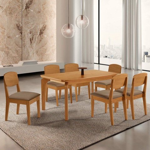 Conjunto Sala de Jantar Mesa Dublin Tampo em MDF e 6 Cadeiras Cleo Yescasa