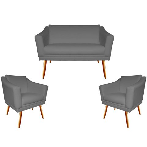 Kit Namoradeira + 2 Poltronas Decorativa Agatha Suede Cinza Pés Madeira Mz Decor