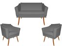 Ver imagem 1 de Kit Namoradeira + 2 Poltronas Decorativa Agatha Suede Cinza Pés Madeira Mz Decor