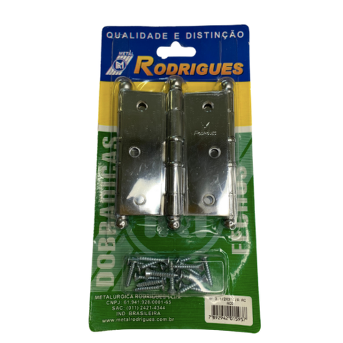 Cartela de Dobradiças C/ 3 Unidades - 3.1/2x3" - Rf 5535 - Aço Cromado - Metalúrgica Rodrigues