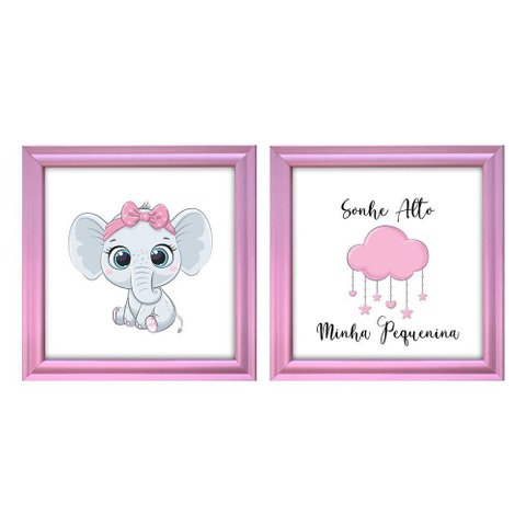 Kit 2 Quadro Infantil Elefanta Menina Moldura 2