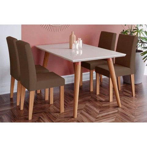 Sala de Jantar Completa Adele Madeira Maciça C/ Tampo Madeirado C/ Vidro 130x80cm e 4 Cadeiras Maia