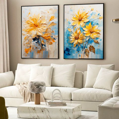 Kit Quadro Decorativo 2 Telas Floral Amarelo e Azul TaColado Moldura Caixa 3cm Madeira com Vidro 20 