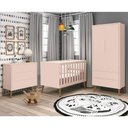 Ver imagem 7 de Dormitório Infantil Theo Retrô 2 Portas, Cômoda e Berço Rosa Fosco com Pés Amadeirado - Reller