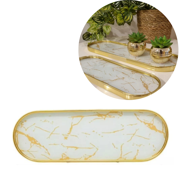 Ver imagem 2 de Bandeja Marmorizada Oval Banheiro Lavabo Decorativa Multiuso Cor Branco