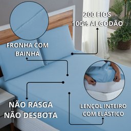Lençol Casal Algodão 200 Fios 4 Peças Virol Cama Box Liso Toque Macio Hotel:azul Bebe - 8