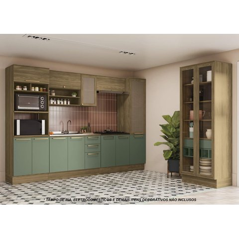 Armário de Cozinha Modulada Completa Reta 8 Peças 4,00m Botanic Kappesberg - Nogueira/verde Oliva