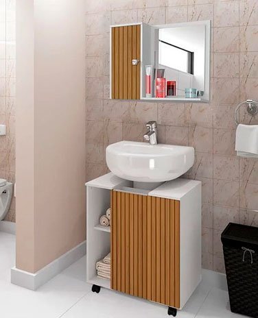 Conjunto Banheiro Completo Gabinete com Espelheira Pequin Gênova - Branco Ripado