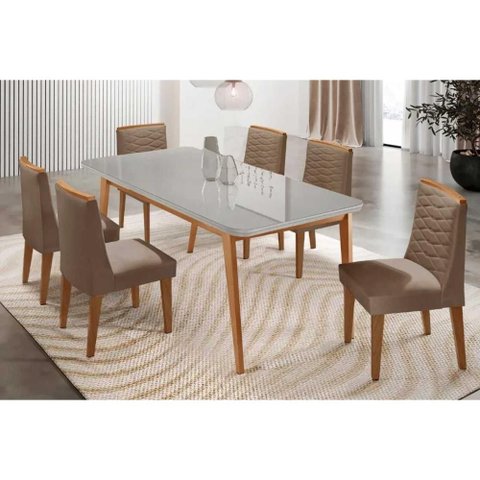 Sala Jantar Mesa Havana Tampo c/ Vidro Curvo 180cm+6 Cadeiras Maldivas Madeira Naturale/Off White -