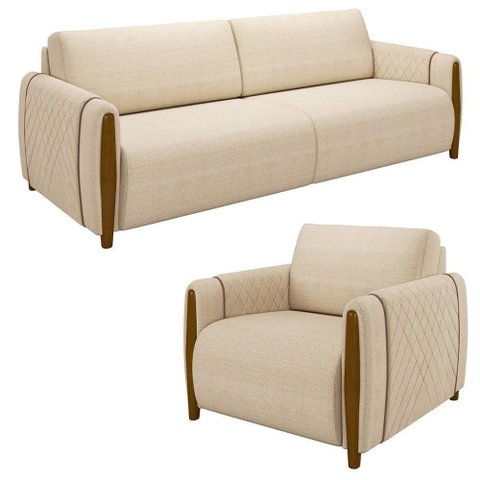 Conjunto Sofá 3 Lugares 223cm e Poltrona 98cm Amaranto M22 Linho Champanhe - Mpozenato