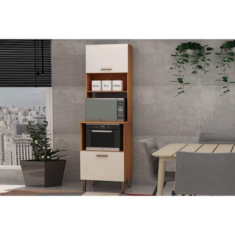 Paneleiro de Cozinha Essência Torre Quente C/ 2 Portas e 3 Nichos P/ Forno 60cm Freijo/white Laca