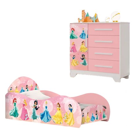 Jogo de Quarto Infantil Meninas Princesa Cama e Cômoda