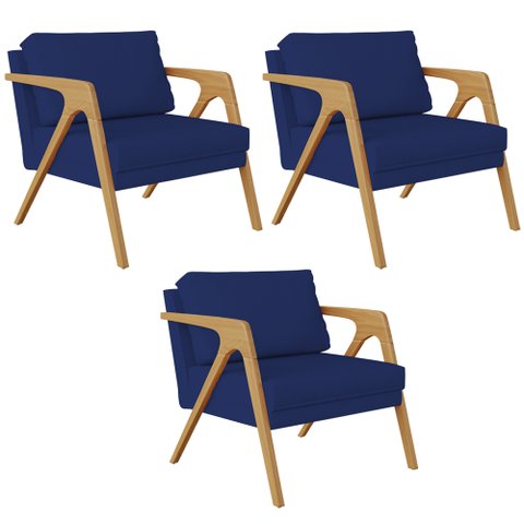 Kit 3 Poltronas Decorativas Sala Pietra Estrutura de Madeira L02 Suede Azul Marinho - Lyam Decor