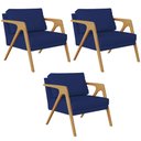 Ver imagem 1 de Kit 3 Poltronas Decorativas Sala Pietra Estrutura de Madeira L02 Suede Azul Marinho - Lyam Decor