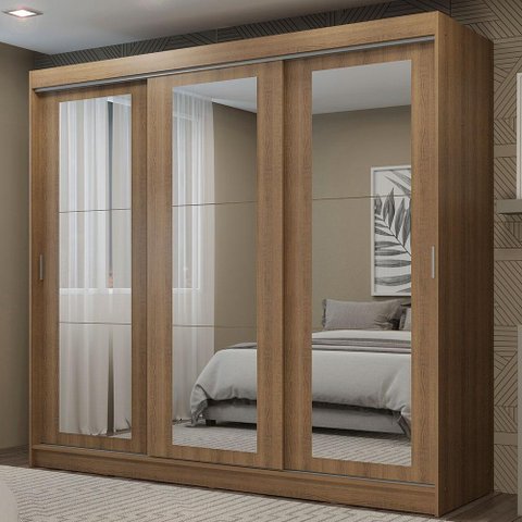 Guarda-roupa Casal Madesa Kansas 3 Portas de Correr de Espelho 3 Gavetas
