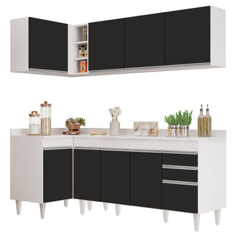 Armário de Cozinha Modulado de Canto Direito 4 Peças Cp41 Balcão com Tampo Branco/preto - Lumil Lumi