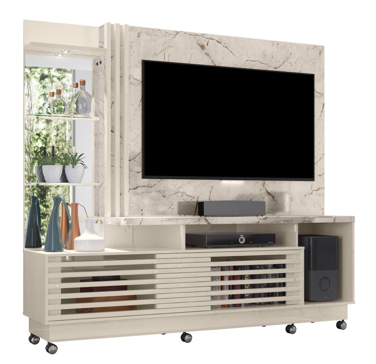 Painel Home Para Tv Até 60" Led Espelho 2 Portas Com Rodizio Frizz Plus Calacata Off White - Madetec