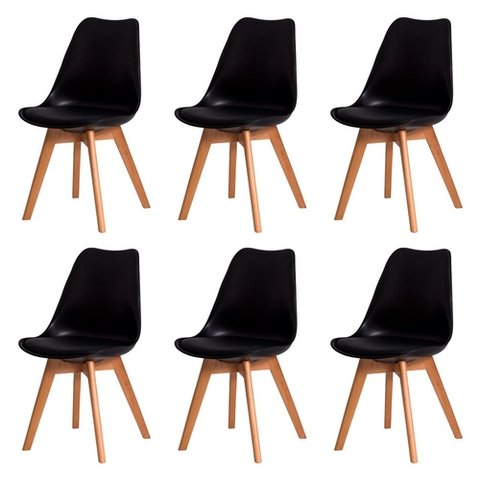 Kit c/6 cadeiras Leda – Charles Eames, Saarinen Wood com almofada preta