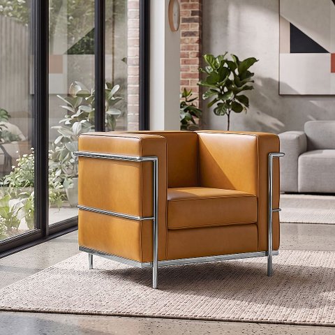 Poltrona Le Corbusier Couro Sintético Decorativa Sala Escritório Recepção Moderna Casa - Caramelo
