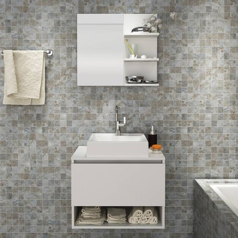 Conjunto Kit para banheiro 60cm com Gabinete espelheira e cuba CJ43018-108 Móvel na Caixa Branco