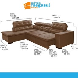 Sofá 5 Lugares Canto Retrátil e Reclinável Chaise D 2,80 X 2,20 M Sttilo Marrom512 - Megasul - 3