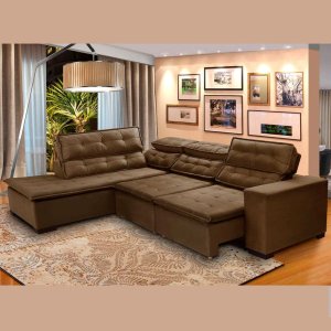 Sofá 5 Lugares Canto Retrátil e Reclinável Chaise D 2,80 X 2,20 M Sttilo Marrom512 - Megasul