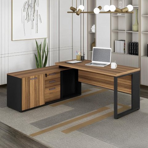 Mesa L 1,50m C/ Armário Lateral 3 Gavetas Pé Metal Ng Pr F5 Cor:nogal com Preto
