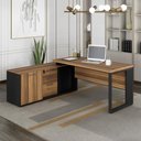 Ver imagem 1 de Mesa L 1,50m C/ Armário Lateral 3 Gavetas Pé Metal Ng Pr F5 Cor:nogal com Preto
