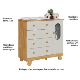 Cômoda Trocador Bebê Pingo 4 Gavetas Lisa Off com Amêndoa - 5