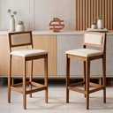 Ver imagem 2 de Kit 04 Banquetas Altas Lenna 99cm em Madeira e Encosto Estofado Linho Cru - Desk Design