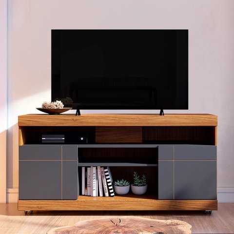 Rack para Sala de Estar TV 47 pol com Rodízios Raya C04 Noce Milano Preto Fosco - Lyam Decor