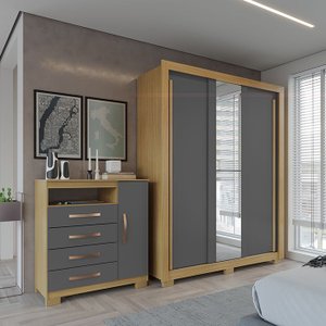 Kit Guarda Roupa Casal 3 Portas 2 Gavetas com Espelho e Cômoda Sapateira 1 Porta 4 Gavetas