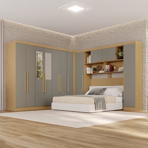 Guarda-Roupa de Canto com Espelho Modulado 11 Portas 2 Gavetas Brasil Cinza/Jequitibá/Granizo