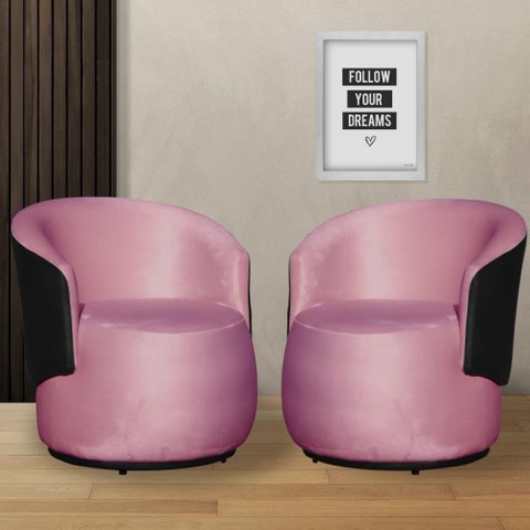 Kit 2 Poltronas Organica Beatriz Veludo Rosa Chiclete C/ Composê Corano Preto - Lm Decor