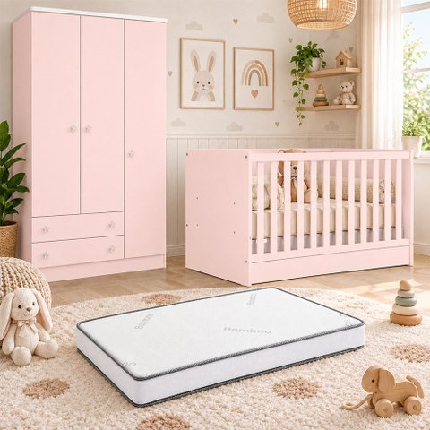 Kit Quarto de Bebê Doce Sonho com Berço Mini Cama Guarda Roupa 3 Portas e Colchão D18 130x70 Movellu