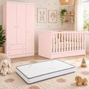 Ver imagem 1 de Kit Quarto de Bebê Doce Sonho com Berço Mini Cama Guarda Roupa 3 Portas e Colchão D18 130x70 Movellu