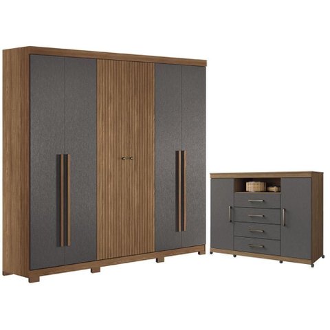 Guarda Roupa Casal com Cômoda Ripado 6 Portas 4 Gavetas MDF-MDP Jatobá Grafite Santos Andirá