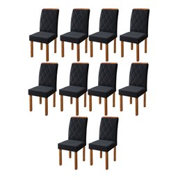 Kit 10 Cadeiras de Jantar Estofada Iza Base Madeira Maciça Tecido Veludo Preto - 1